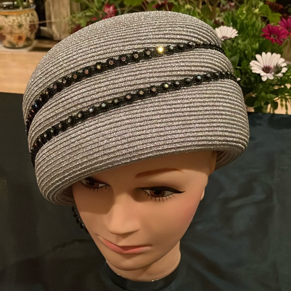 Metallic Silver Straw Hat with Black Beaded Floral Iridescent Rhinestone Band